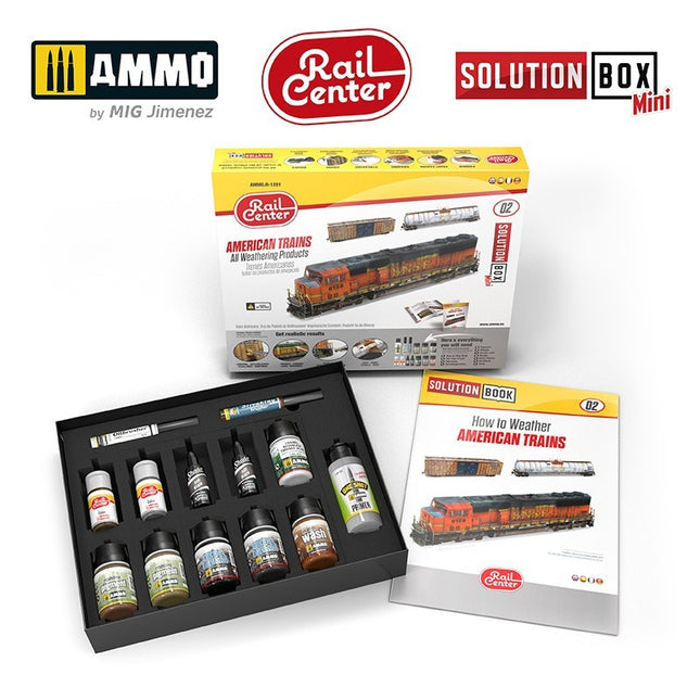 AMMO by Mig R-1201 American Trains Weathering Solution Box Mini #02 - 13 paints, washes, pigments + 96-page guide