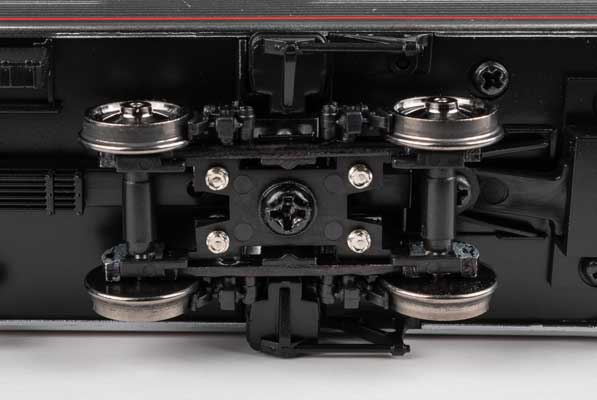 Walthers Proto 920-2136 Amfleet Inside-Bearing Trucks HO Scale - 1 pair shown mounted under passenger car