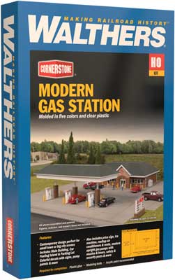 Walthers Cornerstone 933-3537 | Modern Gas Station - Fueling Island, Parking Lots, Pumps - Building Kit | HO Scale