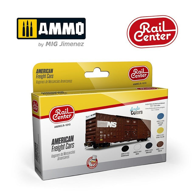 AMMO by Mig R-1010 Rail Center American Freight Cars Acrylic Paint Set - 6 colors x 15ml box front