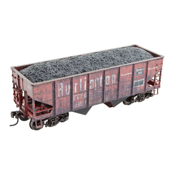 Micro-Trains 33' Twin Bay Open Hopper weathered model, Chicago Burlington & Quincy, ho scale, Grit N Grime series.
