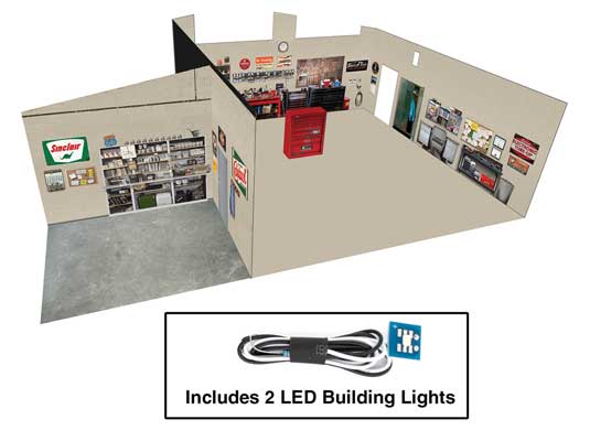 Walthers Cornerstone 933-4703 Spaces Vintage Gas Station Interior Lighting & Detail Insert HO Scale - printed interior with 2 LED building lights