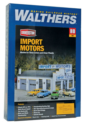 Walthers Cornerstone 933-4023 | Import Motors Car Dealership - Service Bays, Rooftop Sign - Building Kit | HO Scale