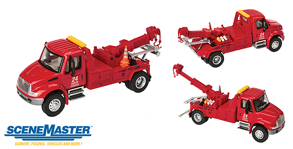 Walthers SceneMaster 949-11531 | International 4300 Tow Truck - Red, Assembled | HO Scale