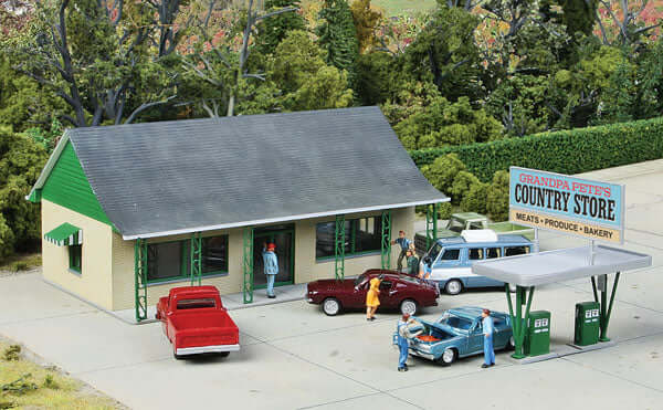 Walthers Cornerstone 933-3491 | Country Store - Gas Pump Island, Printed Signs - Building Kit | HO Scale