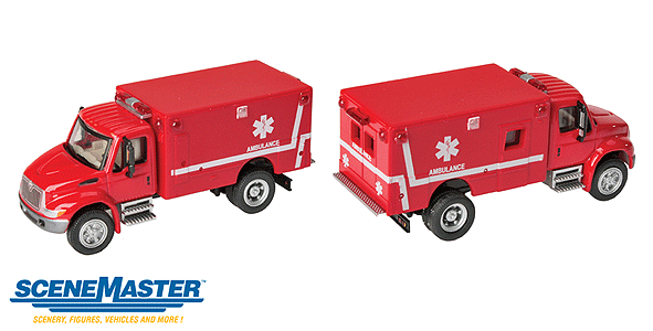 Walthers SceneMaster 949-11931 | International 4300 EMS Ambulance - Assembled, Red | HO Scale