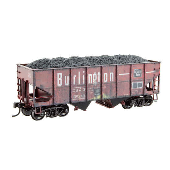Micro-Trains HO Scale 33' Twin Bay Open Hopper, Chicago Burlington & Quincy #189248 with weathered coal load.