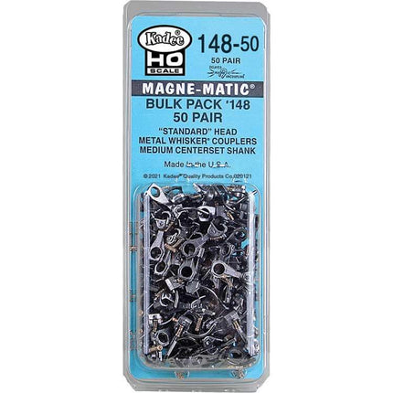 Kadee 380-14850 | #148-50 Whisker® Metal Couplers Bulk Pack (50 Pairs) | HO Scale in packaging with metal couplers.