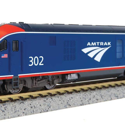 Amtrak ALC-42 Charger locomotive model #302 in Phase VI paint scheme on track.