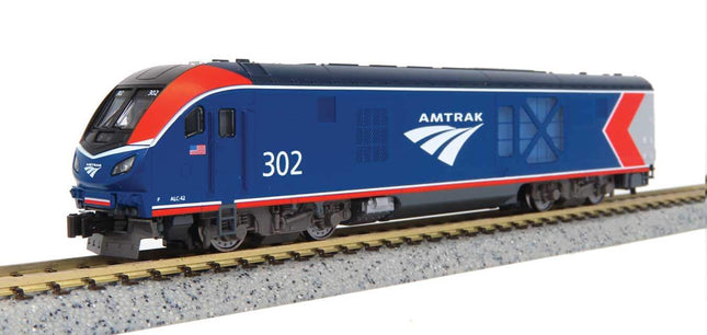 Amtrak ALC-42 Charger locomotive model #302 in Phase VI paint scheme on track.