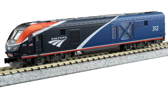 Kato 176-6056 Siemens ALC-42 Charger Amtrak #312 N Scale model train on track.