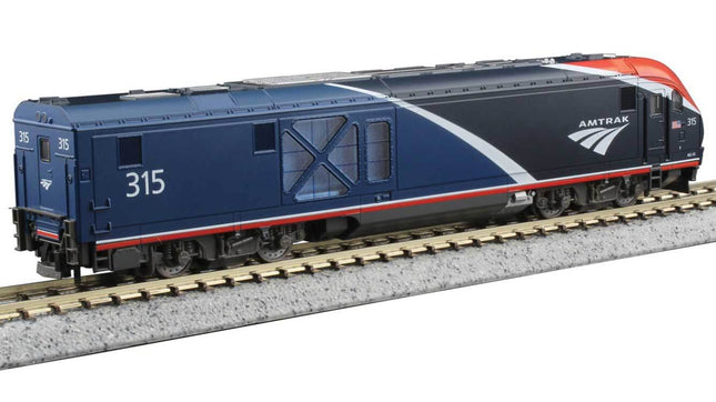 Kato 176-6056 Siemens ALC-42 Charger Amtrak 315 N Scale model train on track.