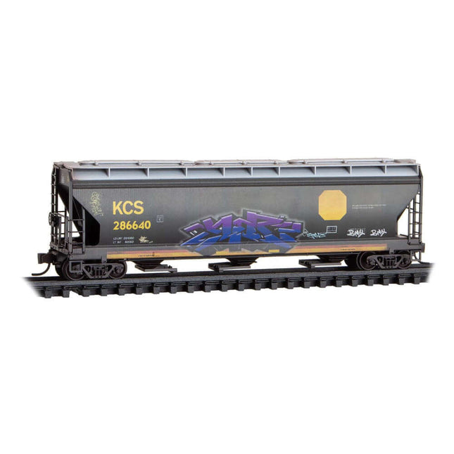 KCS 286640 weathered 3-bay hopper model with graffiti artwork, designed for N scale train sets.