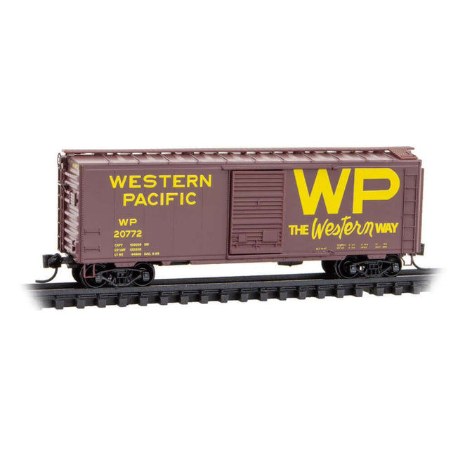 Micro-Trains 020 00 518 | Western Pacific 40’ Standard Boxcar Rd# 20772 | N Scale model on tracks.