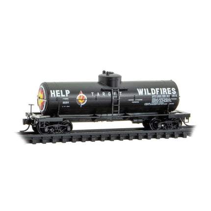 Micro Trains 39' Single-Dome Tank Car promoting wildfire awareness, Central Western Railway #80164 in N scale.