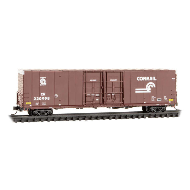 N Scale 60' boxcar model in Conrail Quality paint scheme, road number 220998, detailed for realistic train layouts.
