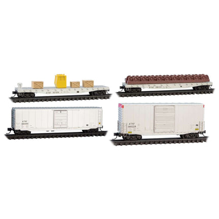 Micro-Trains Santa Fe MOW 4-Pack N Scale model train cars, including flats, support cars, and realistic loads.