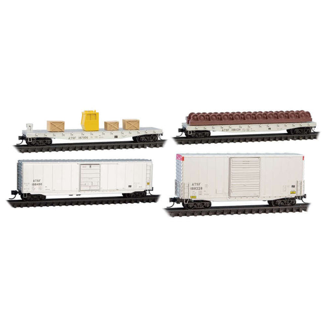 Micro-Trains Santa Fe MOW 4-Pack N Scale model train cars, including flats, support cars, and realistic loads.