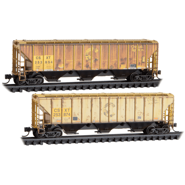 Micro-Trains CSX weathered 2-bay covered hopper set for N Scale, ideal for transporting bulk commodities.