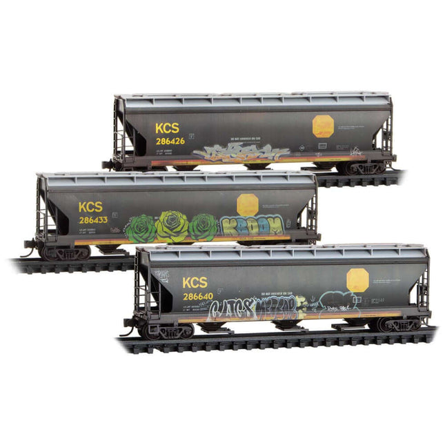 Micro-Trains 3-pack of weathered KCS 3-bay covered hoppers in N Scale for transporting bulk commodities.