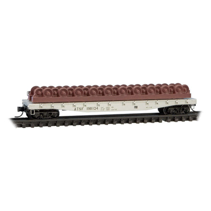 Micro-Trains Atchison Topeka & Santa Fe N Scale flatcar with loads for maintenance of way service.