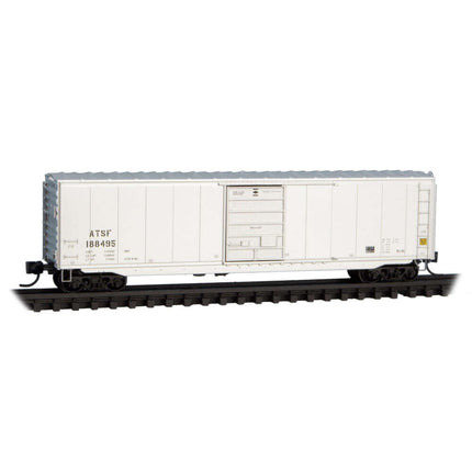 Micro-Trains N Scale ATSF 188495 freight car model, white BNSF design for realistic train layouts and displays.