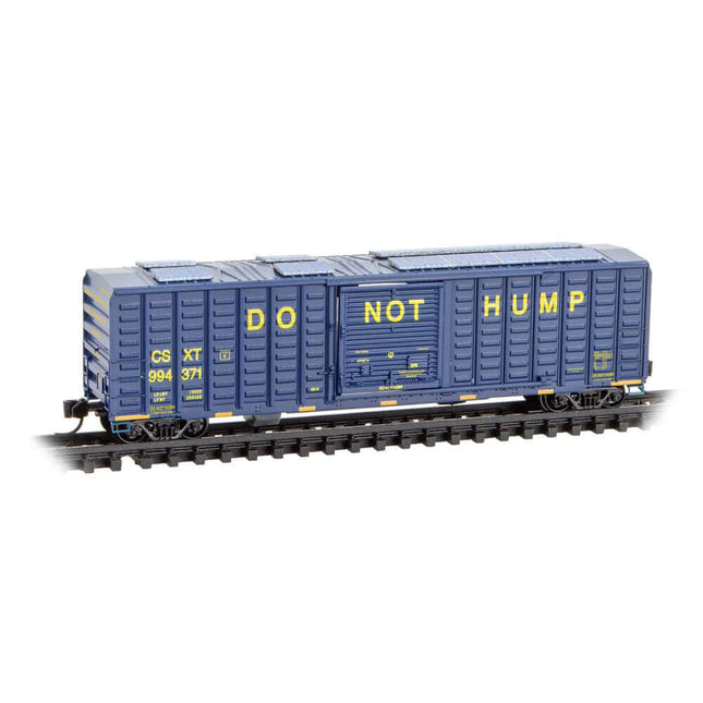Micro-Trains N Scale CSX Track Inspection Car Rd# 994371, detailed blue boxcar with 'DO NOT HUMP' lettering.