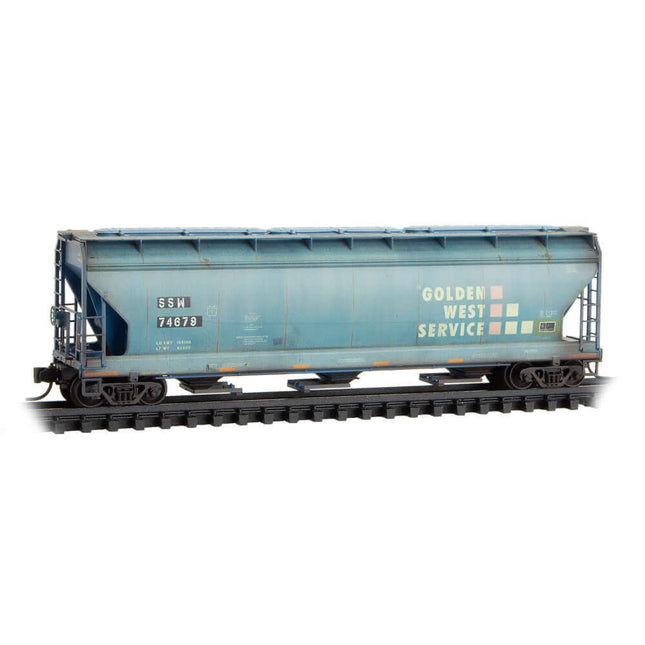 N scale 3-bay covered hopper model by Micro Trains, weathered in Golden West Service colors, SSW 74679.