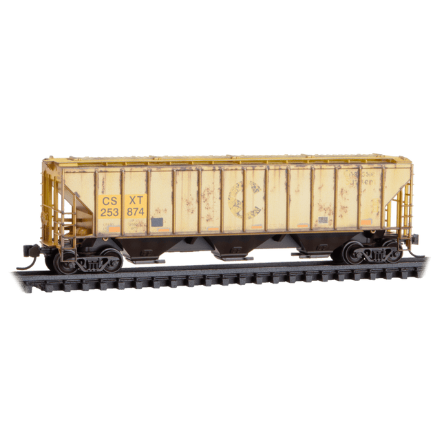 CSX weathered 2-bay covered hopper model for N Scale, featuring detailed weathering and authentic livery.