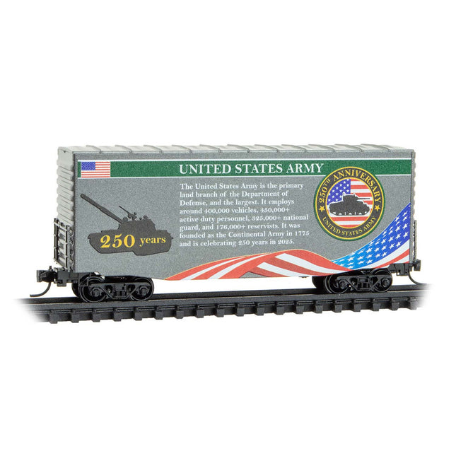 Micro-Trains 101 00 841 | U.S. Army 250th Anniversary – 40’ Hy-Cube Boxcar | N Scale
