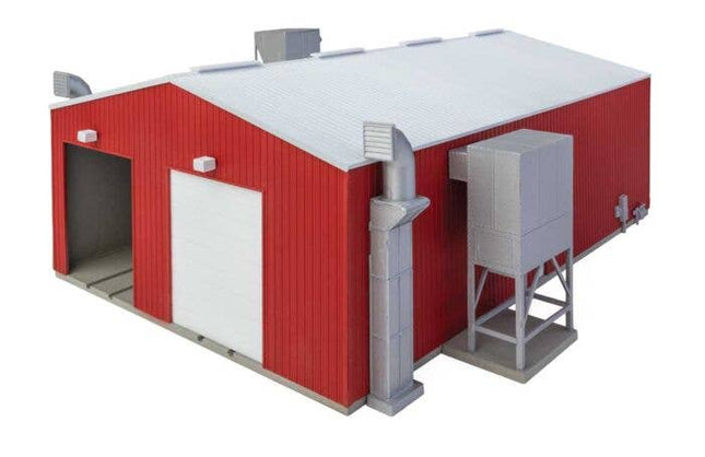 Walthers Cornerstone 933-3909 Railroad Paint Shop Kit HO Scale - front view with roll-up doors