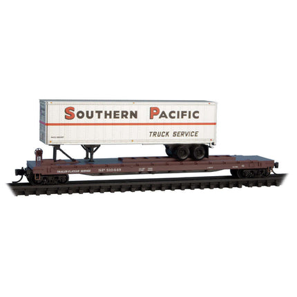 Southern Pacific 57' Converted TOFC Flatcar with Trailer in N Scale for intermodal modeling.