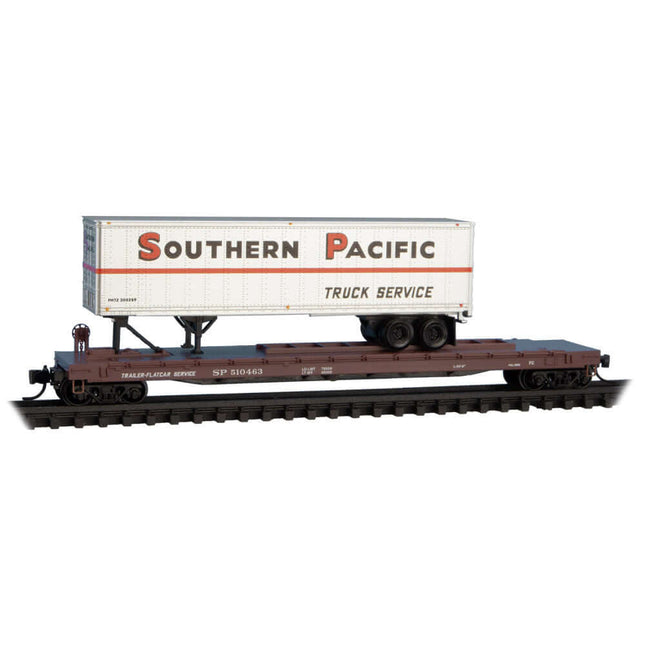 Southern Pacific 57' Converted TOFC Flatcar with Trailer, N Scale model for intermodal traffic in 1960s-1990s.
