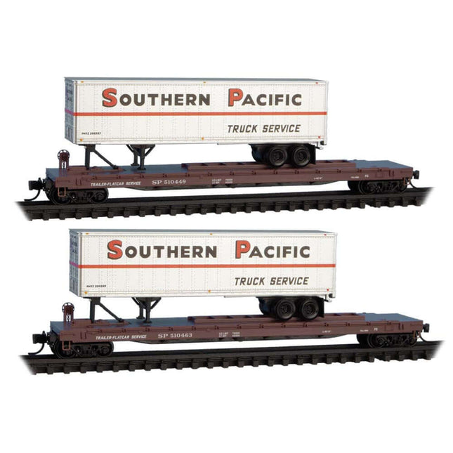Micro-Trains Southern Pacific 57' TOFC flatcars with trailers, N Scale 2-Pack for intermodal modeling.