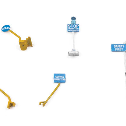 Walthers Cornerstone Blue Flags scenery kit for HO scale railroads, featuring safety signs for trackside industries.
