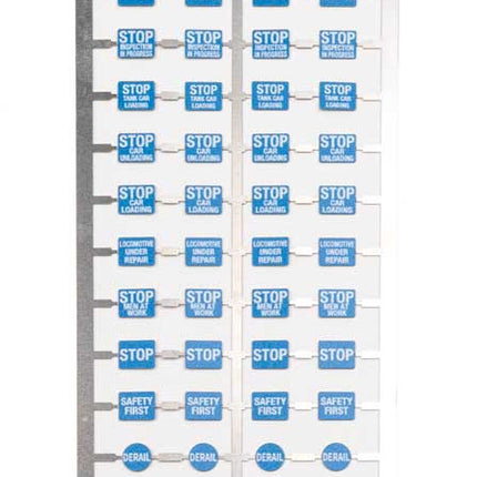 Blue flag kit for HO scale model railroads, featuring safety signs for trackside industries and worker alerts.