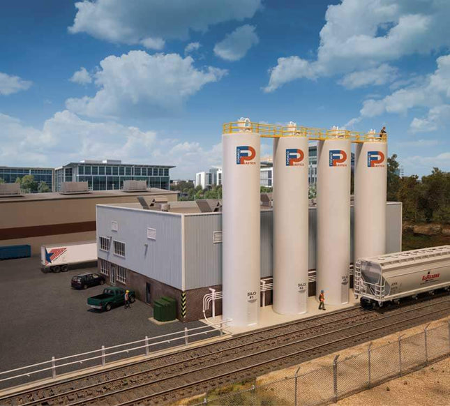HO Scale Plastic Pellet Plant model with silos, truck-loading area, and realistic details for railway scenery.