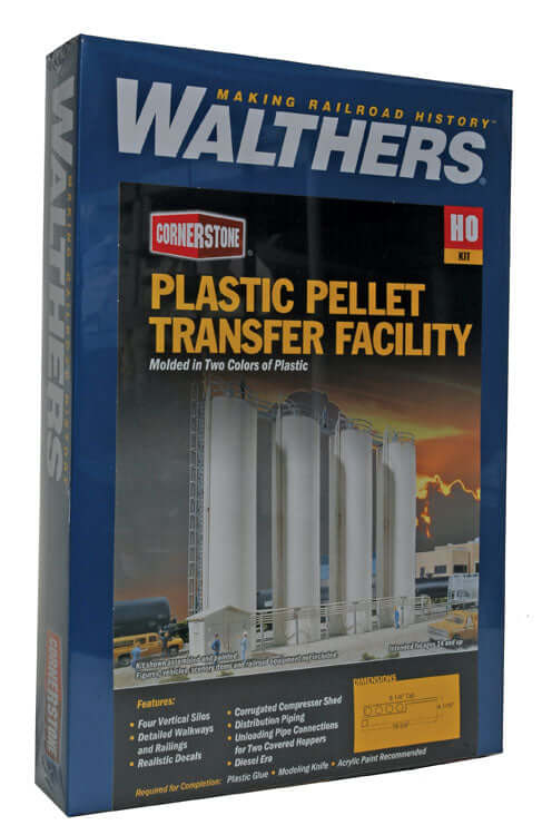 Walthers Cornerstone 933-3081 | Plastic Pellet Transfer Facility | HO Scale packaging showcasing model kit.