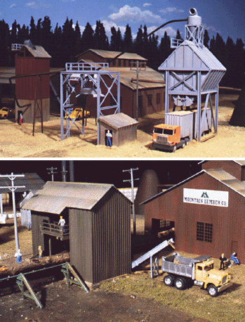 Walthers Cornerstone 933-3144 | Sawmill Outbuildings – Plastic Building Kit | HO Scale showcasing intricate sawmill structures.