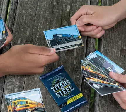 Friends enjoying Walthers | Titans of Steel Railroad Trading Cards – Series One 10-Card Pack outdoors.