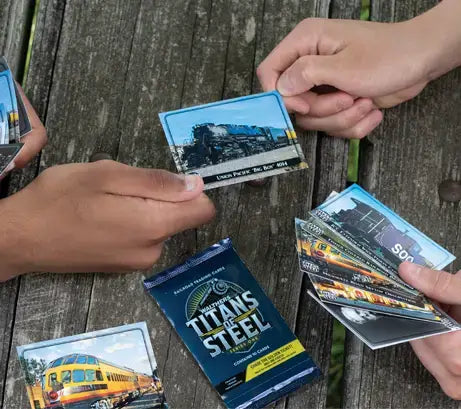 Friends enjoying Walthers | Titans of Steel Railroad Trading Cards – Series One 10-Card Pack outdoors.