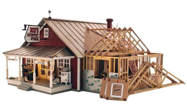 Woodland Scenics Country Store Expansion model displaying detailed architecture and construction features for O Scale layouts.