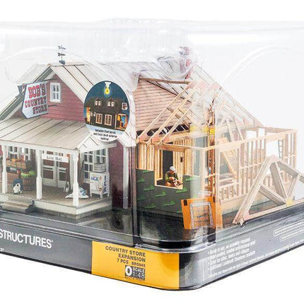 Woodland Scenics 5845 Country Store Expansion O Scale model in packaging, showcasing detailed architecture and signage.