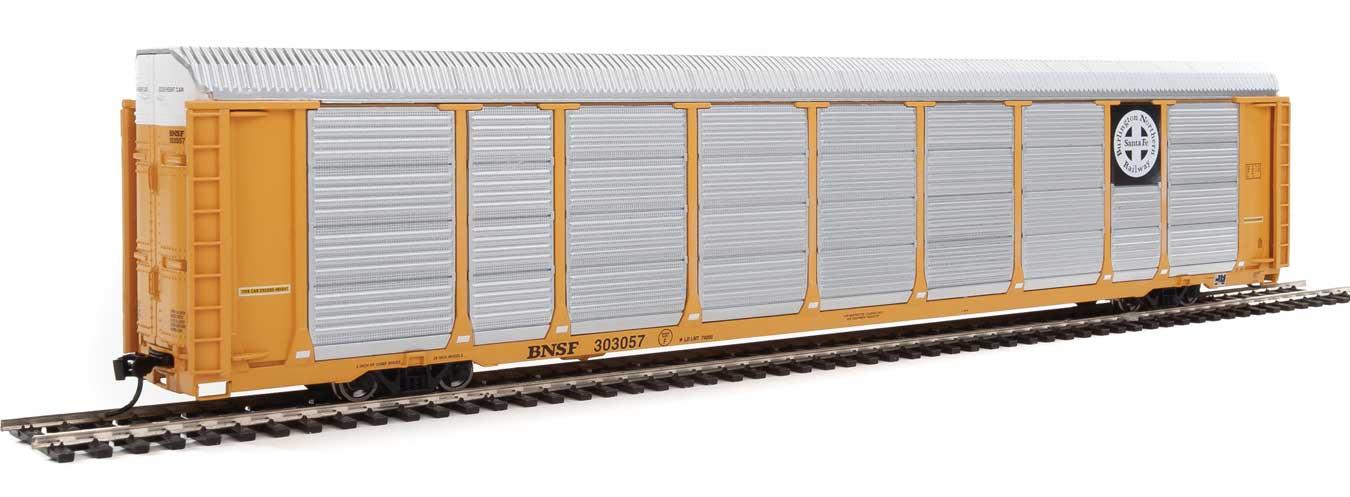 WalthersProto 920-101413 | 89' Thrall Enclosed Tri-Level Auto Carrier - Ready to Run - Burlington Northern Santa Fe Rack and Flat #303057 (yellow, Circle-Cross Logo) | HO Scale