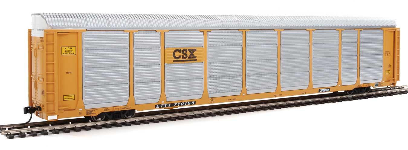WalthersProto 920-101421 | 89' Thrall Enclosed Tri-Level Auto Carrier - Ready to Run - CSX Rack ETTX Flat #T9046/710155 (yellow, black, silver) | HO Scale