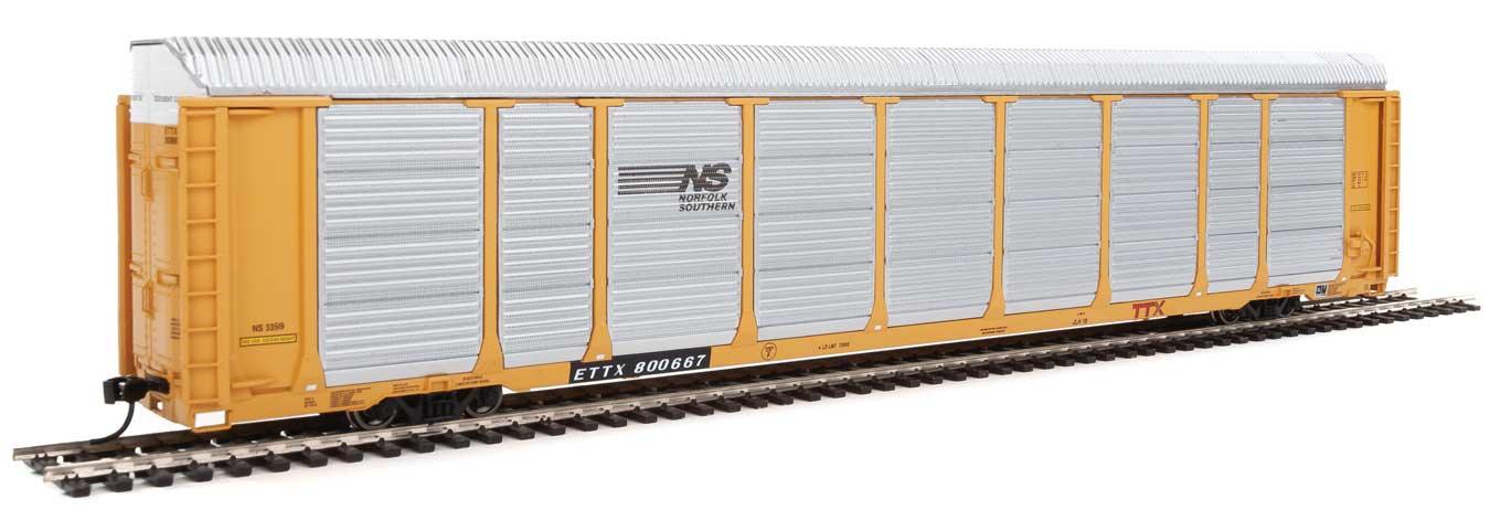 WalthersProto 920-101426 | 89' Thrall Enclosed Tri-Level Auto Carrier - Ready to Run - Norfolk Southern Rack ETTX Flat #33519/800667 (yellow, silver, black) | HO Scale