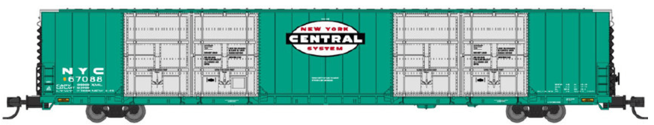 Bluford Shops 87300 | 86' Quad Door Boxcar - New York Central (NYC) - Black Ends #67088 | N Scale