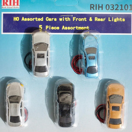 Rock Island Hobby 032101 | Assorted Automobiles with Front and Rear Lights (5) | HO Scale