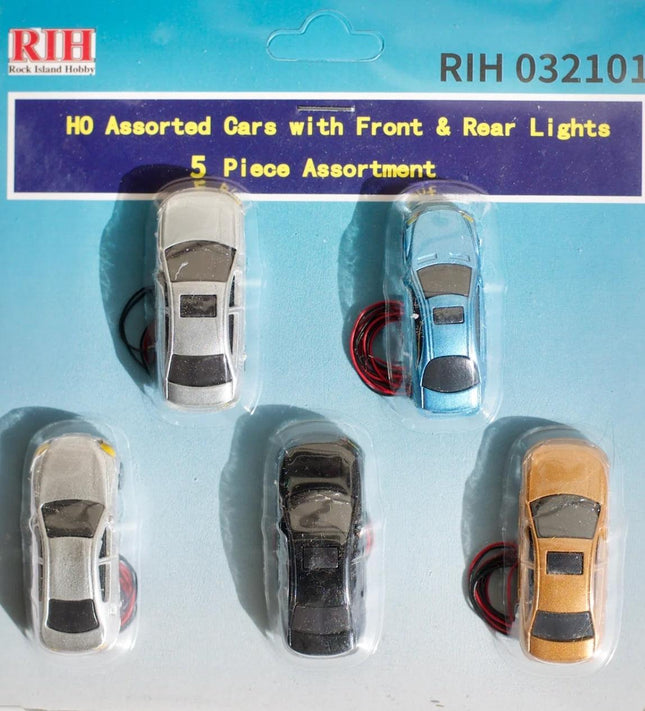 Rock Island Hobby 032101 | Assorted Automobiles with Front and Rear Lights (5) | HO Scale