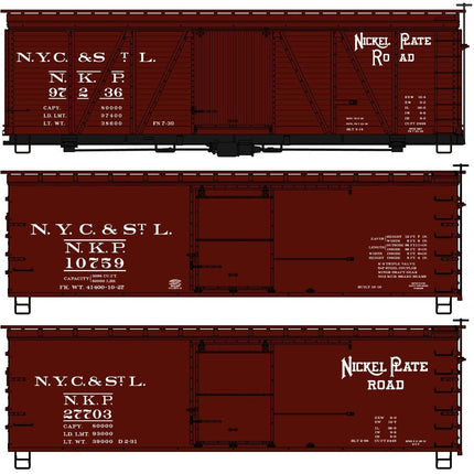 Accurail 8140 | Nickel Plate 36' Double Sheath and Fowler Wood Boxcar 3-Car Set | HO Scale